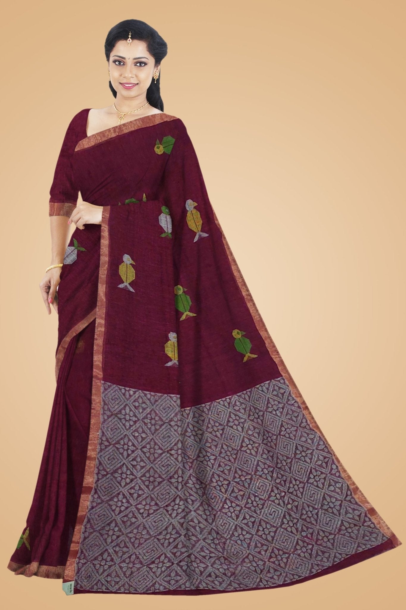 Maroon Linen Jamdani -Handloom Sarees- Aananda Collections