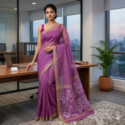 Mauve Cotton Dhakai Jamdani Saree -Handloom Sarees- Aananda Collections