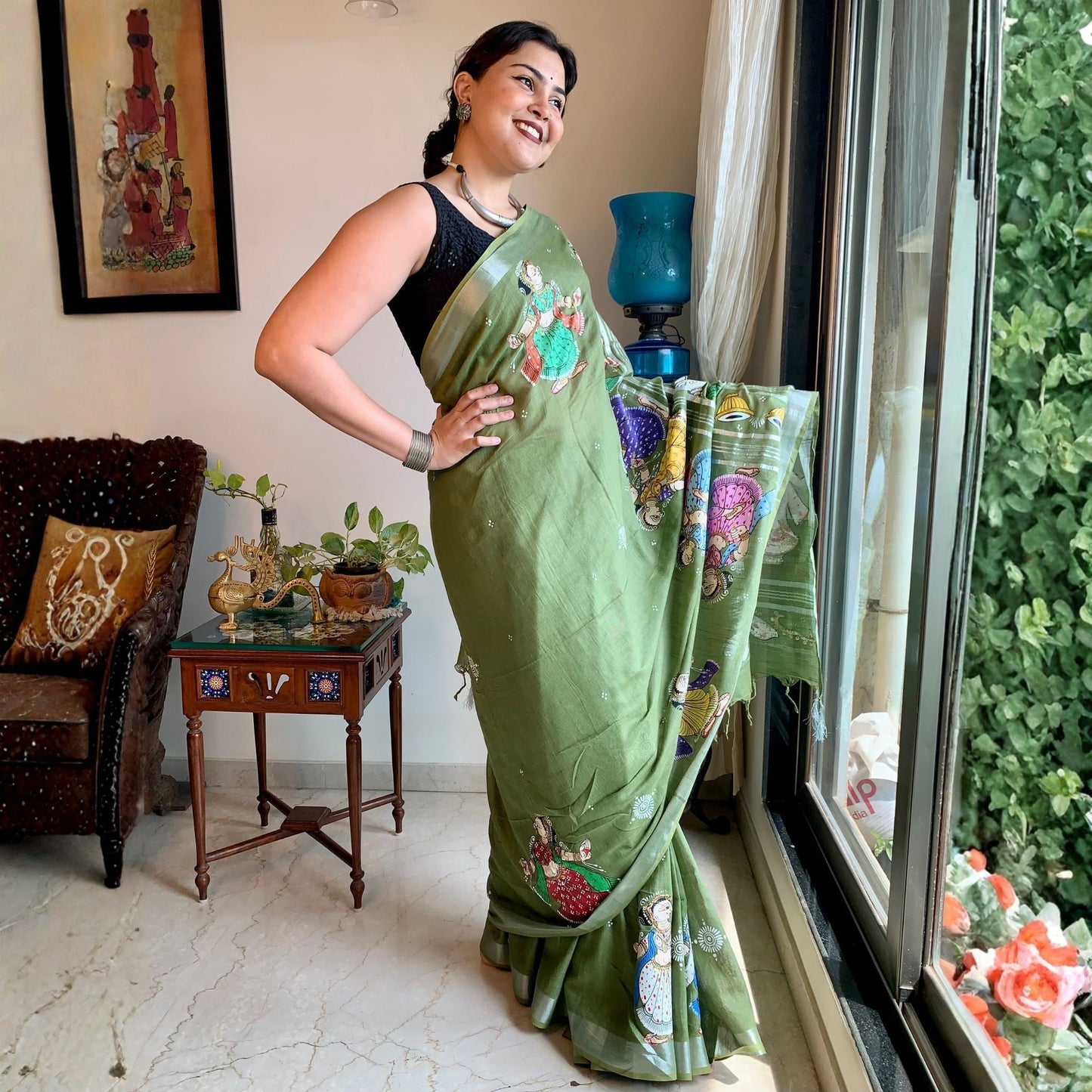 Mehndi Green Hand-Painted Pattachitra Linen Saree -Handloom Sarees- Aananda Collections