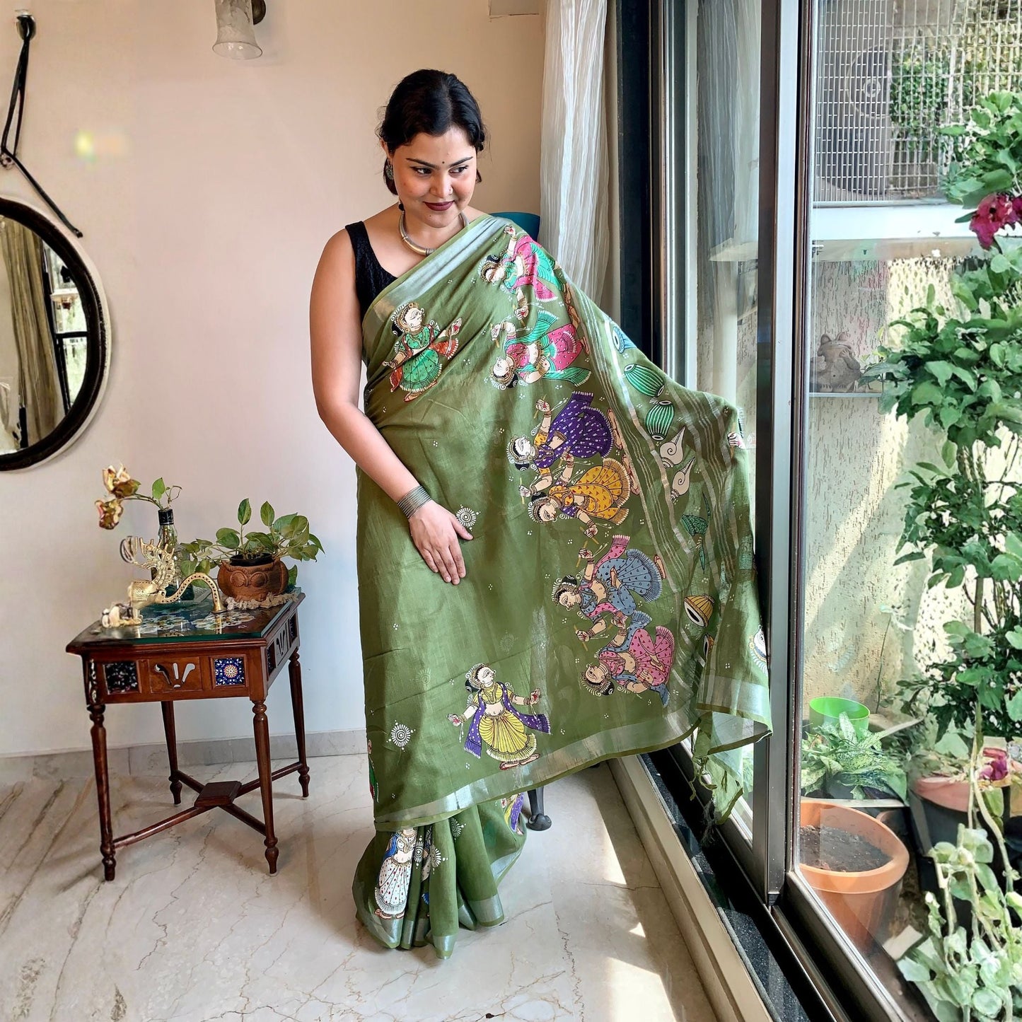 Mehndi Green Hand-Painted Pattachitra Linen Saree -Handloom Sarees- Aananda Collections