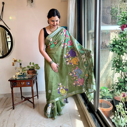 Mehndi Green Hand-Painted Pattachitra Linen Saree -Handloom Sarees- Aananda Collections