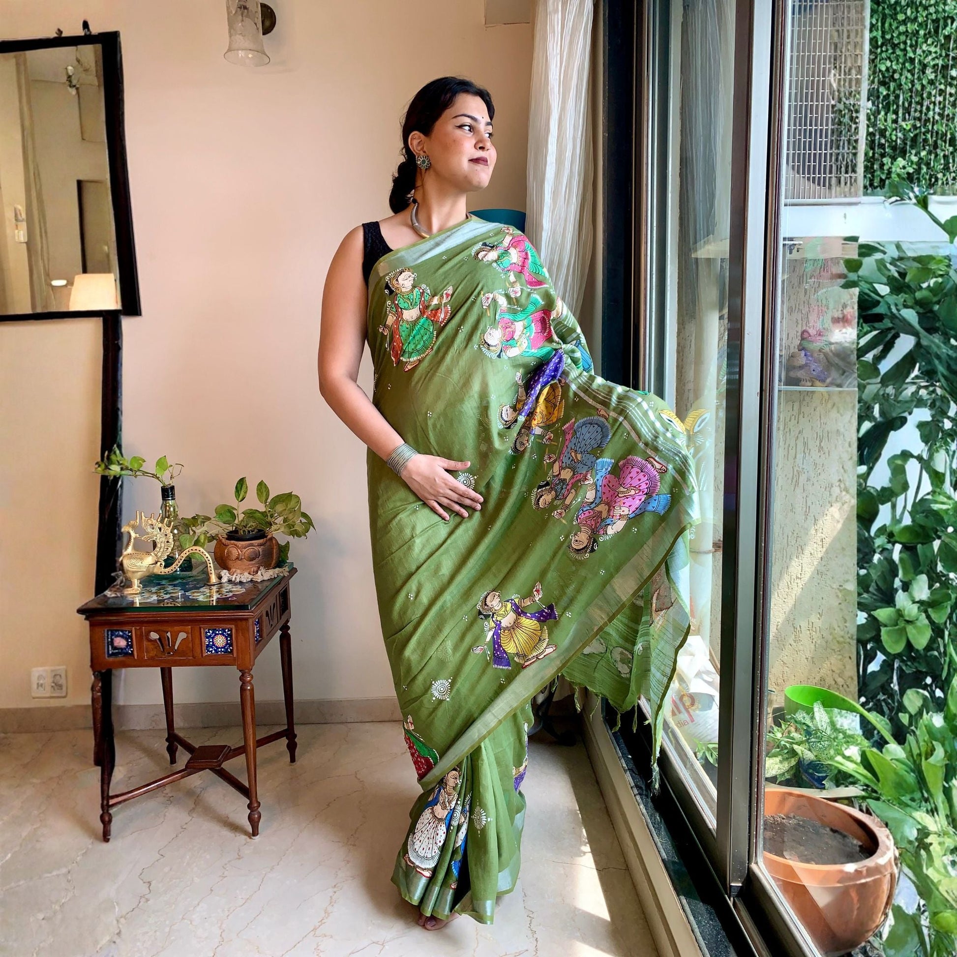 Mehndi Green Hand-Painted Pattachitra Linen Saree -Handloom Sarees- Aananda Collections