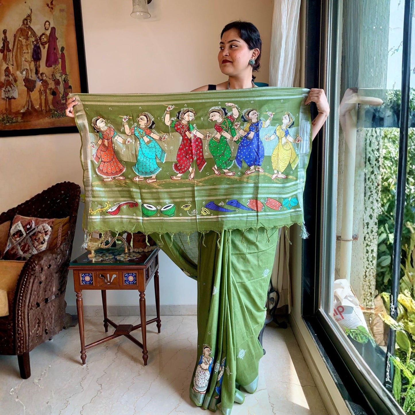Mehndi Green Hand-Painted Pattachitra Linen Saree -Handloom Sarees- Aananda Collections