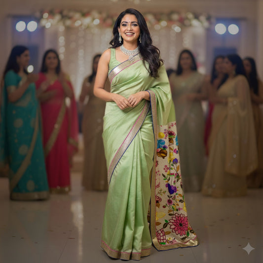 Mint Green Designer Katan Silk Saree -Handloom Sarees- Aananda Collections
