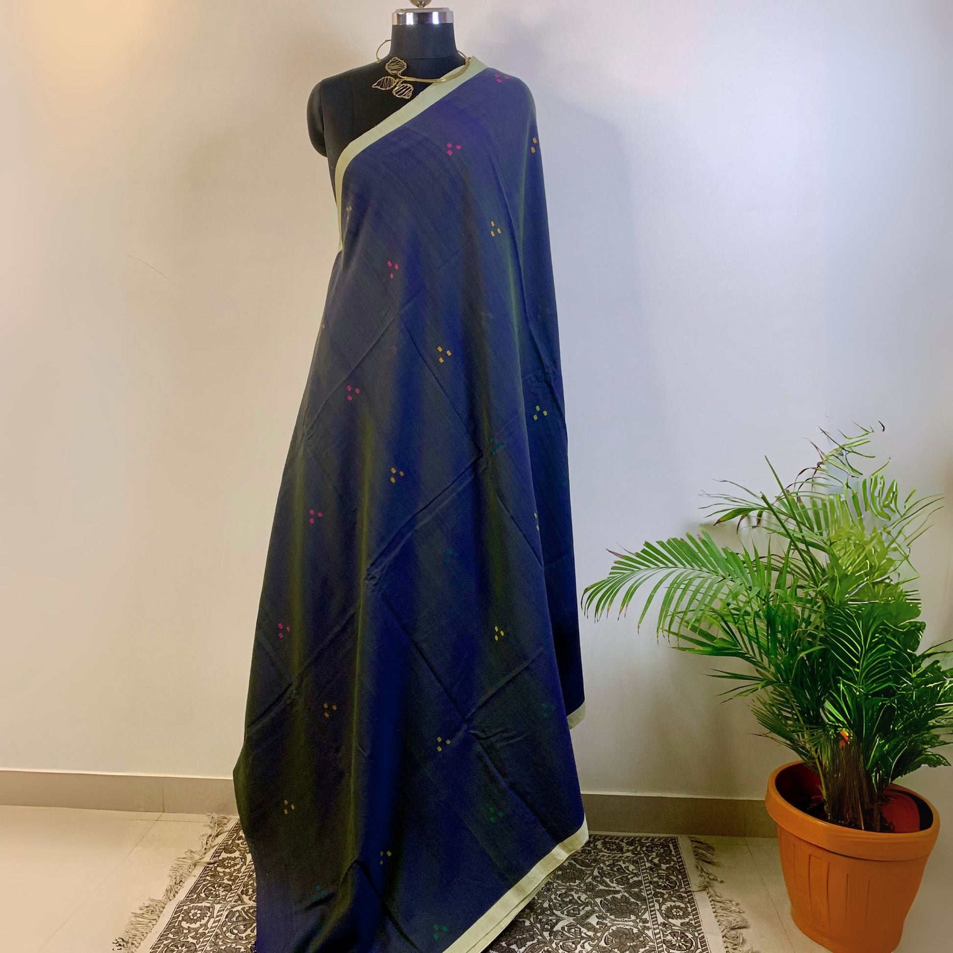 Navy Blue Cotton Dhakai Jamdani Saree -Handloom Sarees- Aananda Collections