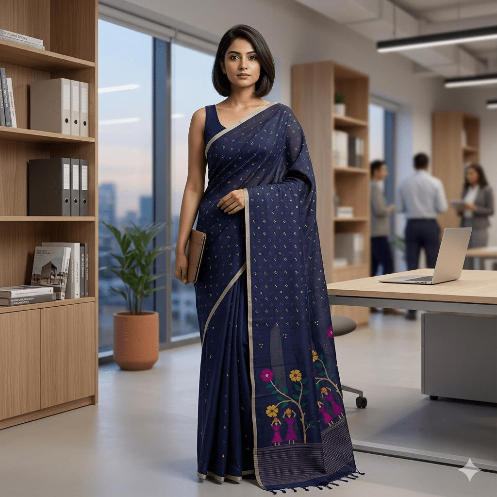 Navy Blue Cotton Dhakai Jamdani Saree -Handloom Sarees- Aananda Collections