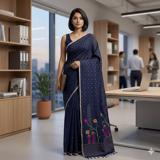 Navy Blue Cotton Dhakai Jamdani Saree -Handloom Sarees- Aananda Collections