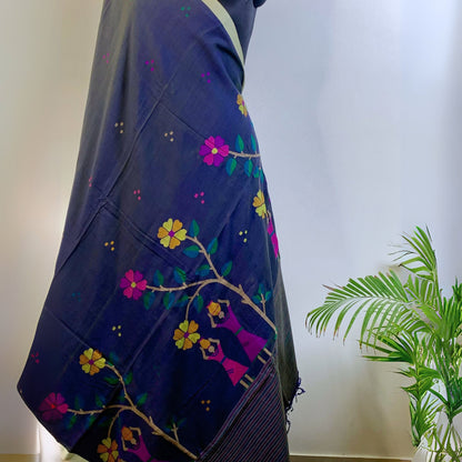 Navy Blue Cotton Dhakai Jamdani Saree -Handloom Sarees- Aananda Collections