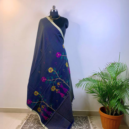Navy Blue Cotton Dhakai Jamdani Saree -Handloom Sarees- Aananda Collections