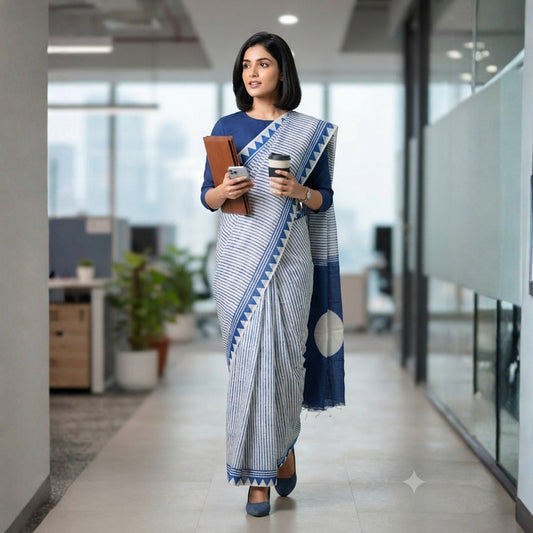 Off White Blue Khadi Silk Saree -Handloom Sarees- Aananda Collections