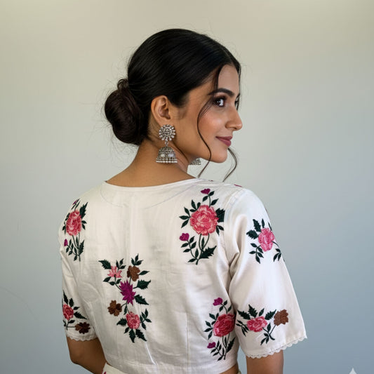 Off-White Embroidered Silk Cotton Blouse -Blouse- Aananda Collections