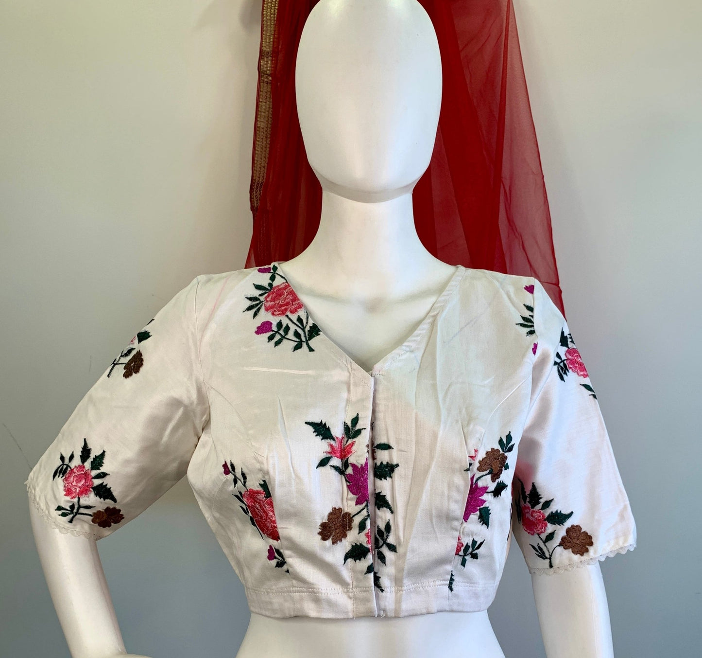 Off-White Embroidered Silk Cotton Blouse -Blouse- Aananda Collections