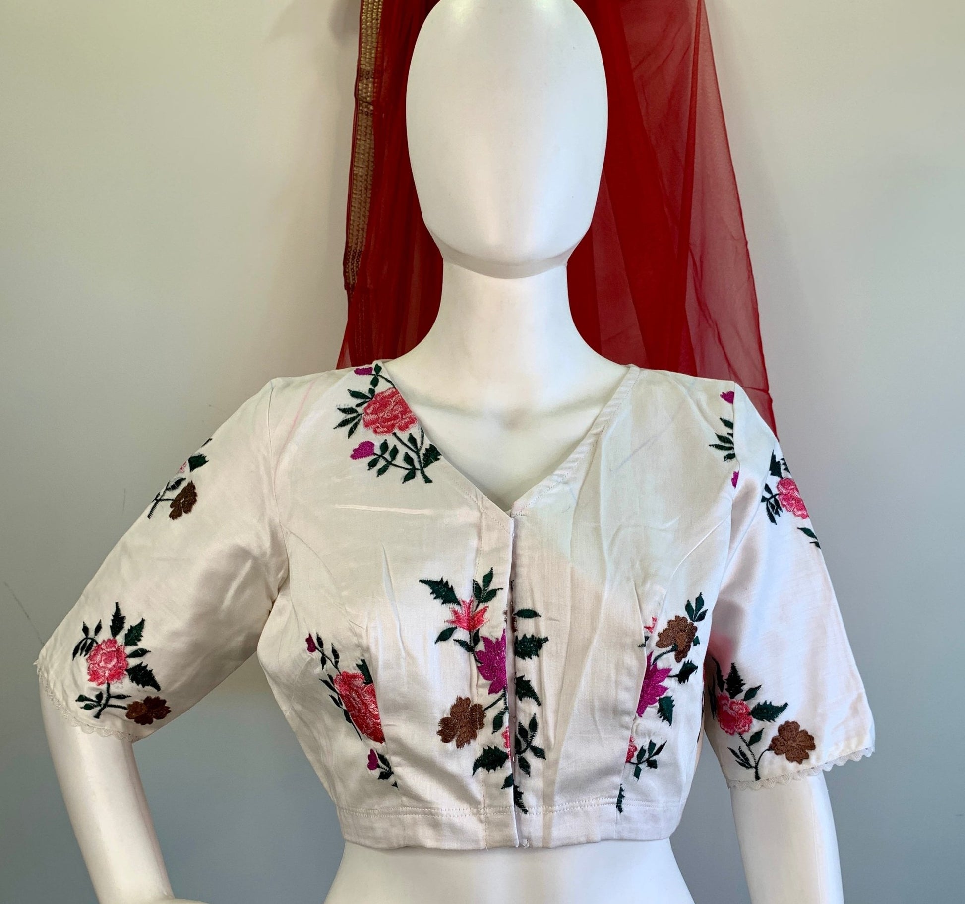 Off-White Embroidered Silk Cotton Blouse -Blouse- Aananda Collections