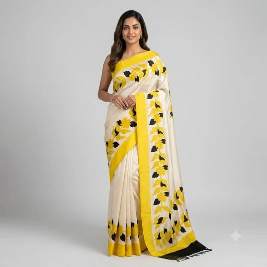 Off White Printed Khadi Silk Saree -Handloom Sarees- Aananda Collections