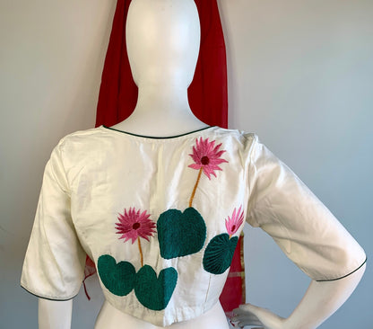Off-White Silk Cotton Embroidered Blouse -Blouse- Aananda Collections