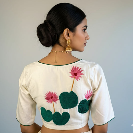 Off-White Silk Cotton Embroidered Blouse -Blouse- Aananda Collections