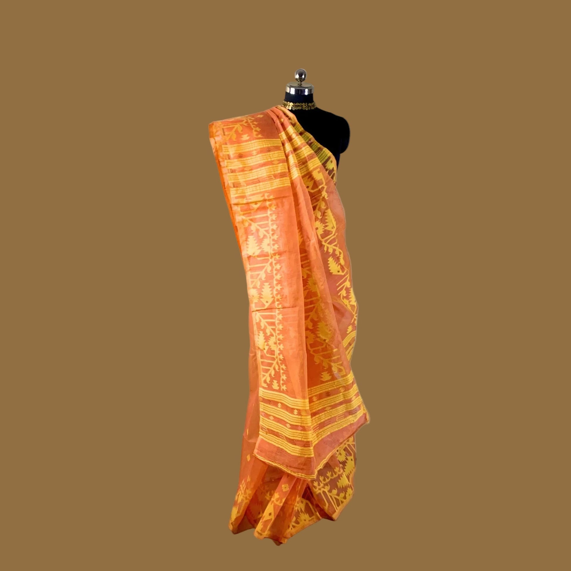 Orange Cotton Dhakai Jamdani Saree -Powerloom Sarees- Aananda Collections