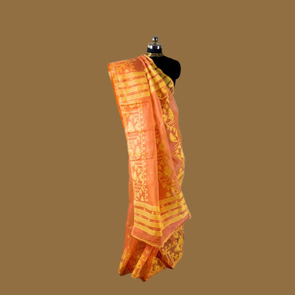 Orange Cotton Dhakai Jamdani Saree -Powerloom Sarees- Aananda Collections