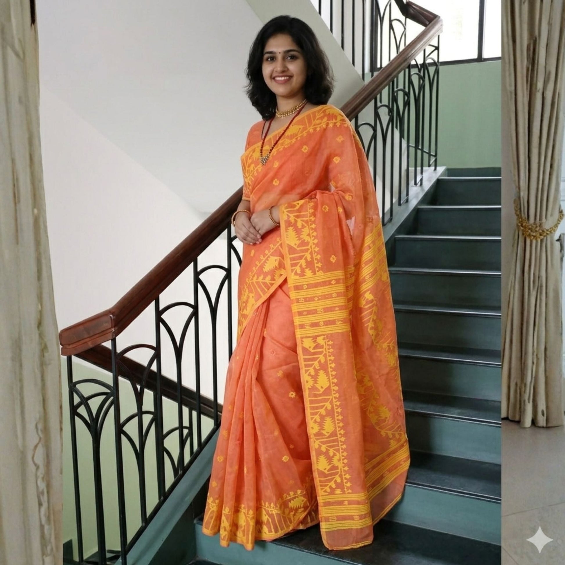 Orange Cotton Dhakai Jamdani Saree -Powerloom Sarees- Aananda Collections