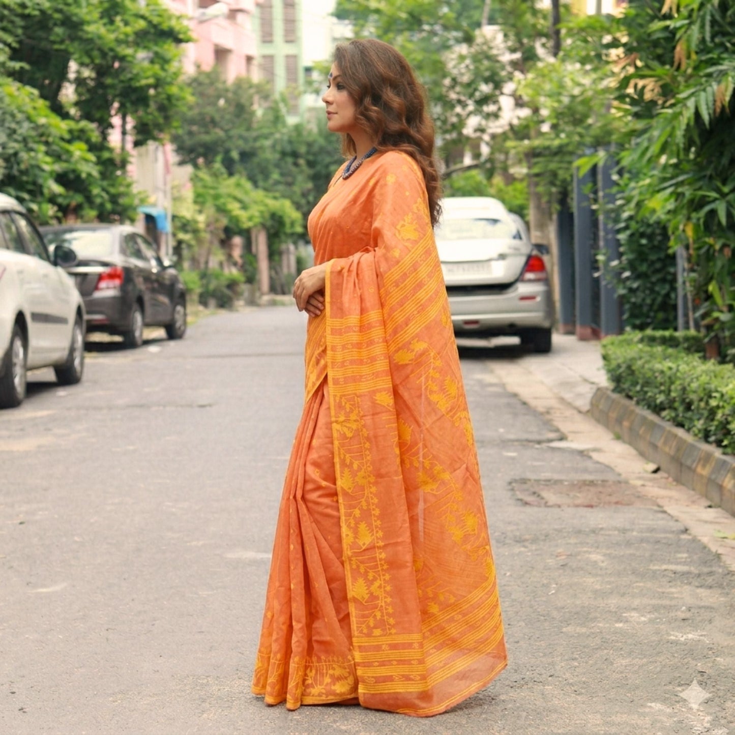 Orange Cotton Dhakai Jamdani Saree -Powerloom Sarees- Aananda Collections