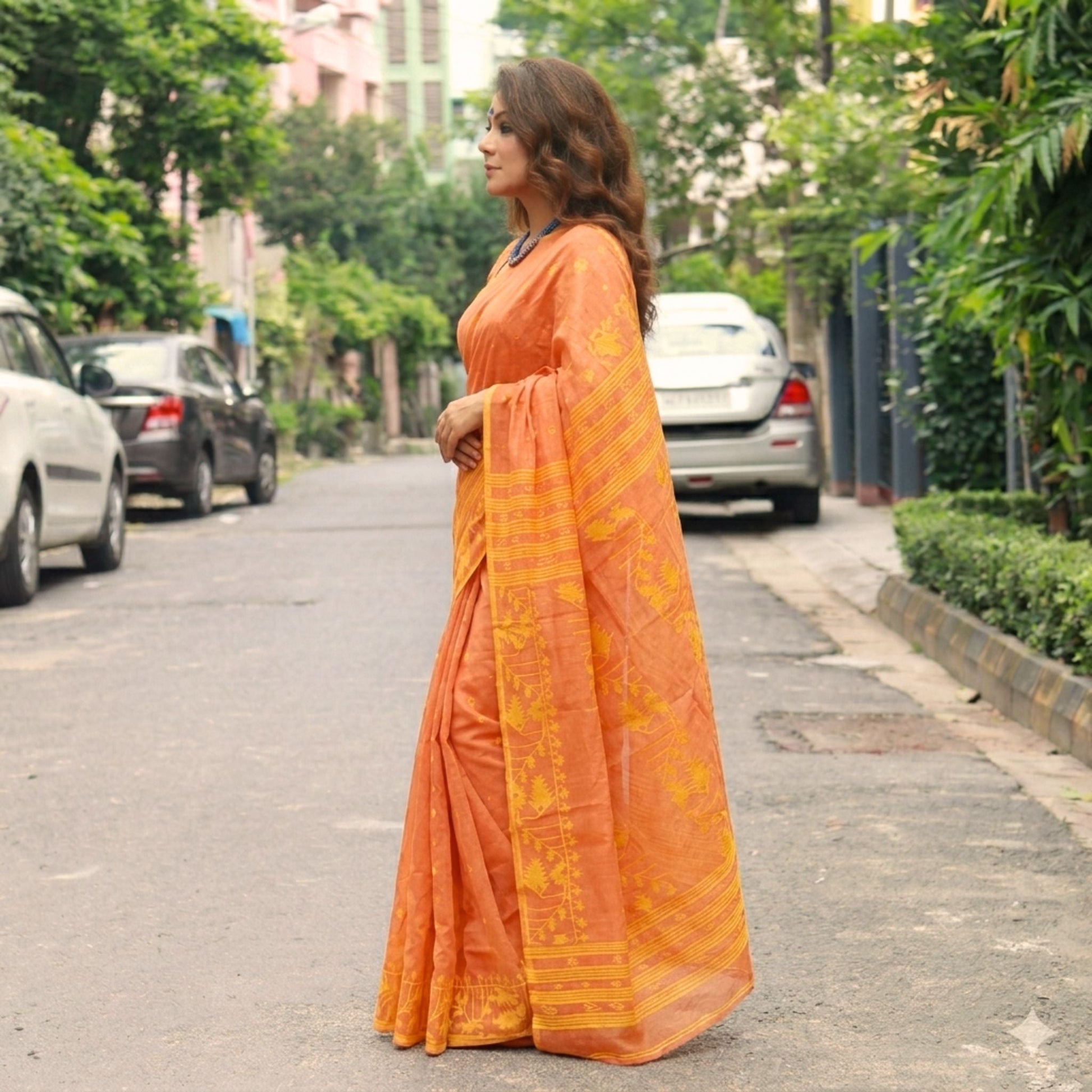 Orange Cotton Dhakai Jamdani Saree -Powerloom Sarees- Aananda Collections