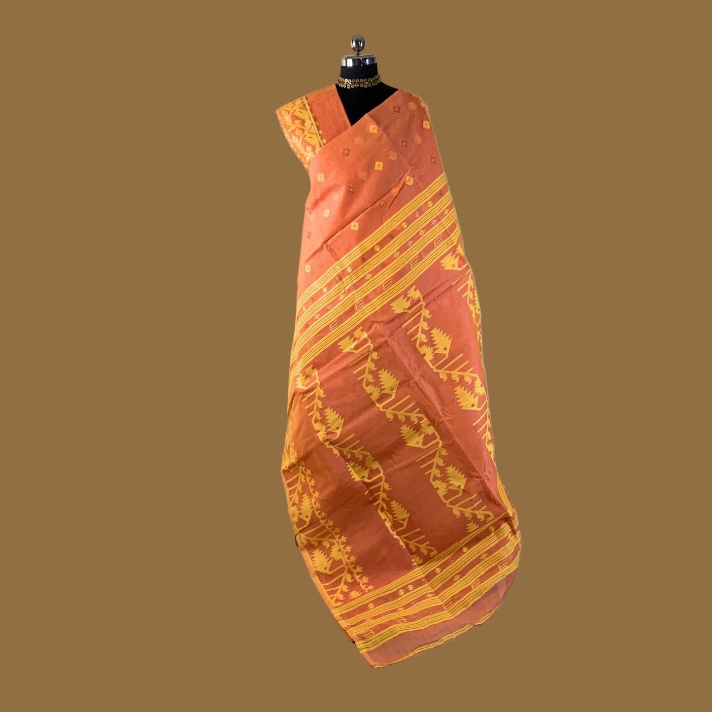 Orange Cotton Dhakai Jamdani Saree -Powerloom Sarees- Aananda Collections