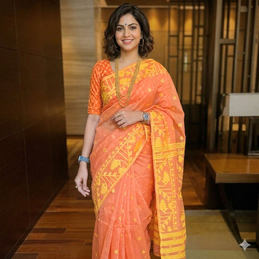 Orange Cotton Dhakai Jamdani Saree -Powerloom Sarees- Aananda Collections