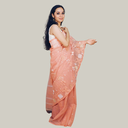 Peach Bangladeshi Dhakai Jamdani -Handloom Sarees- Aananda Collections