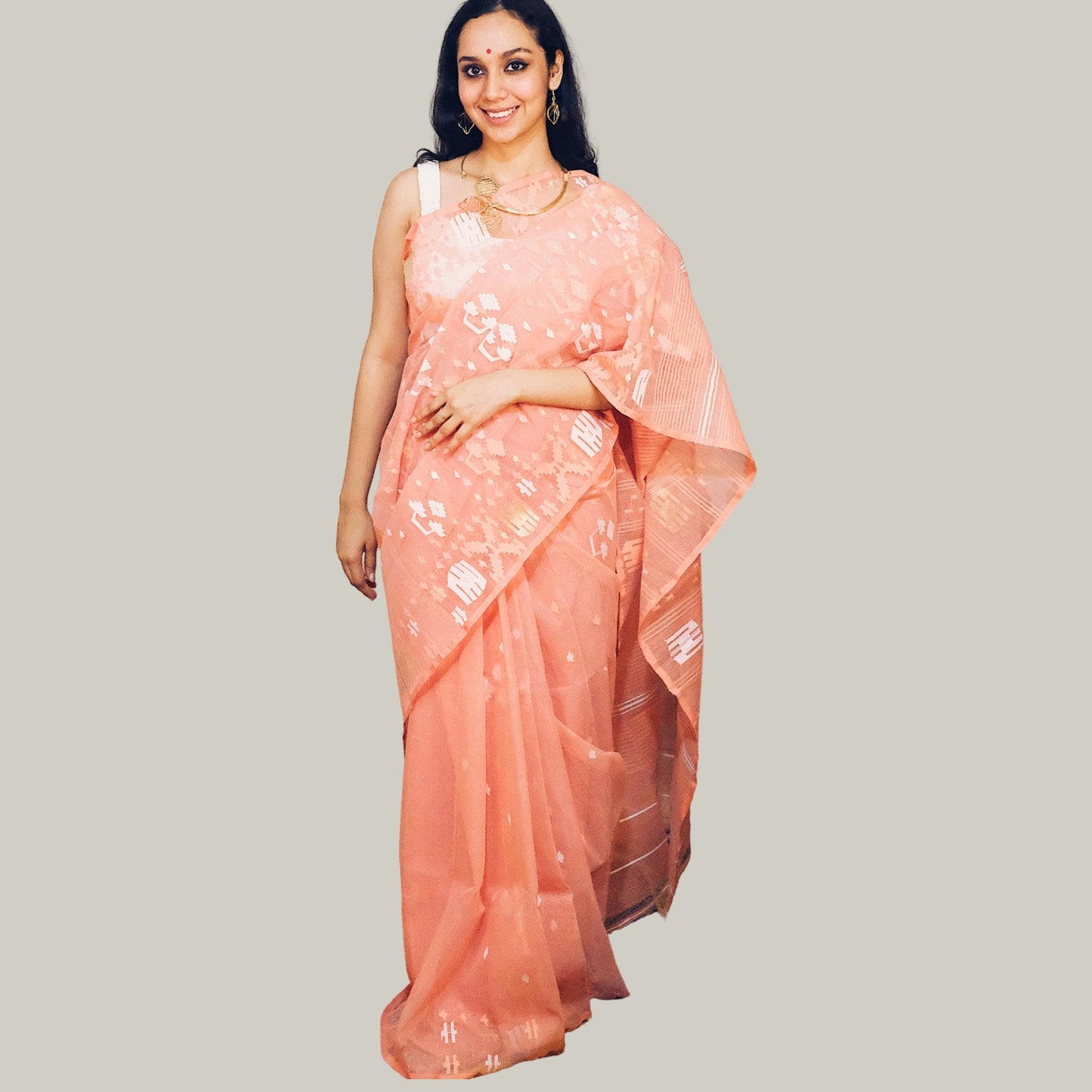 Peach Bangladeshi Dhakai Jamdani -Handloom Sarees- Aananda Collections