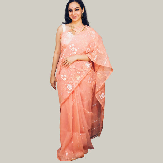 Peach Bangladeshi Dhakai Jamdani -Handloom Sarees- Aananda Collections