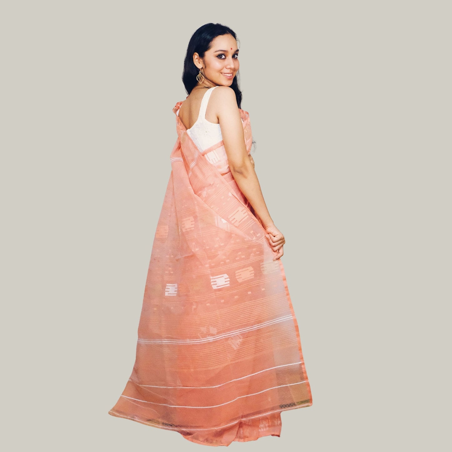 Peach Bangladeshi Dhakai Jamdani -Handloom Sarees- Aananda Collections