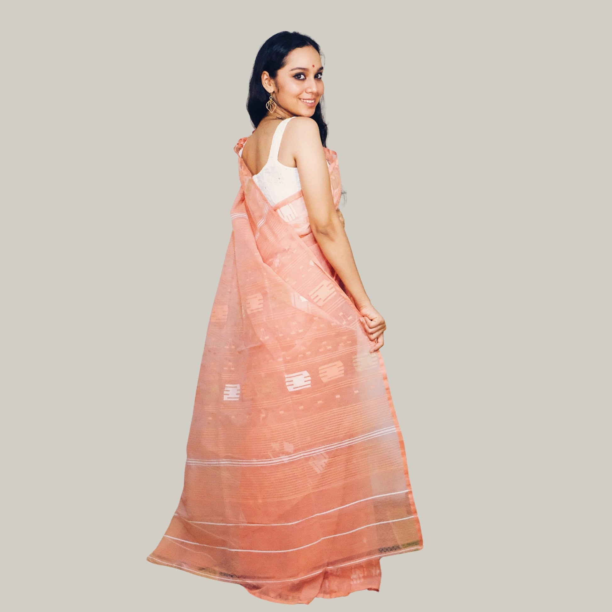 Peach Bangladeshi Dhakai Jamdani -Handloom Sarees- Aananda Collections