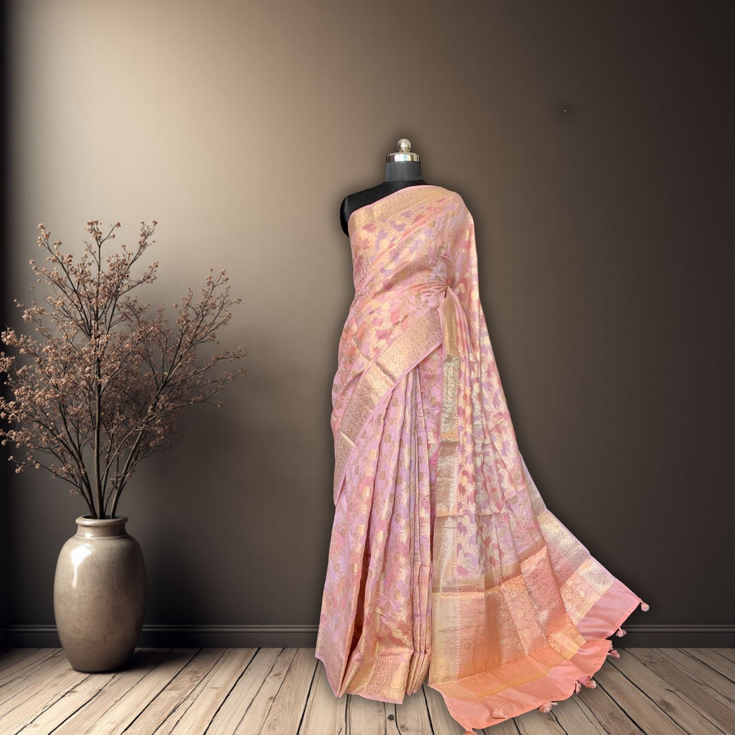 Peach Cotton Chanderi Rangkat Banarasi Saree -Handloom Sarees- Aananda Collections