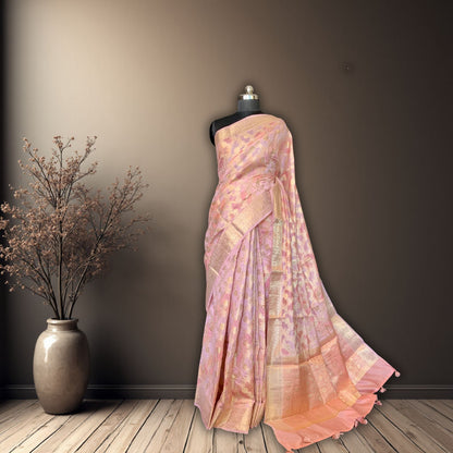 Peach Cotton Chanderi Rangkat Banarasi Saree -Handloom Sarees- Aananda Collections
