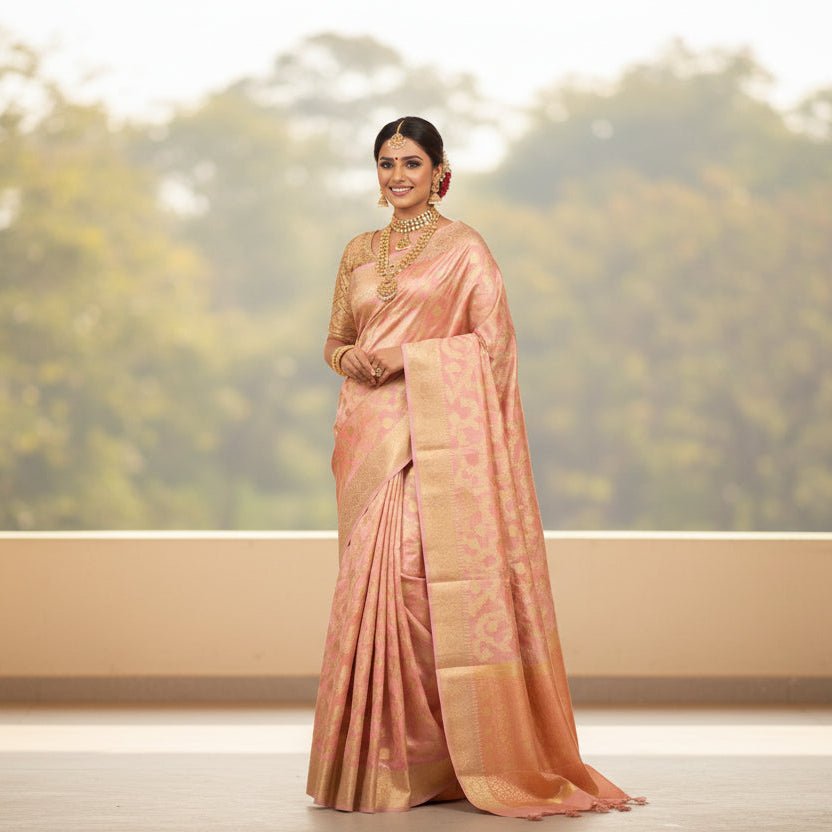 Peach Cotton Chanderi Rangkat Banarasi Saree -Handloom Sarees- Aananda Collections