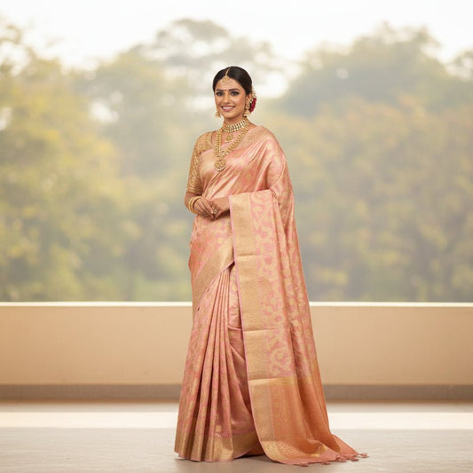 Peach Cotton Chanderi Rangkat Banarasi Saree -Handloom Sarees- Aananda Collections