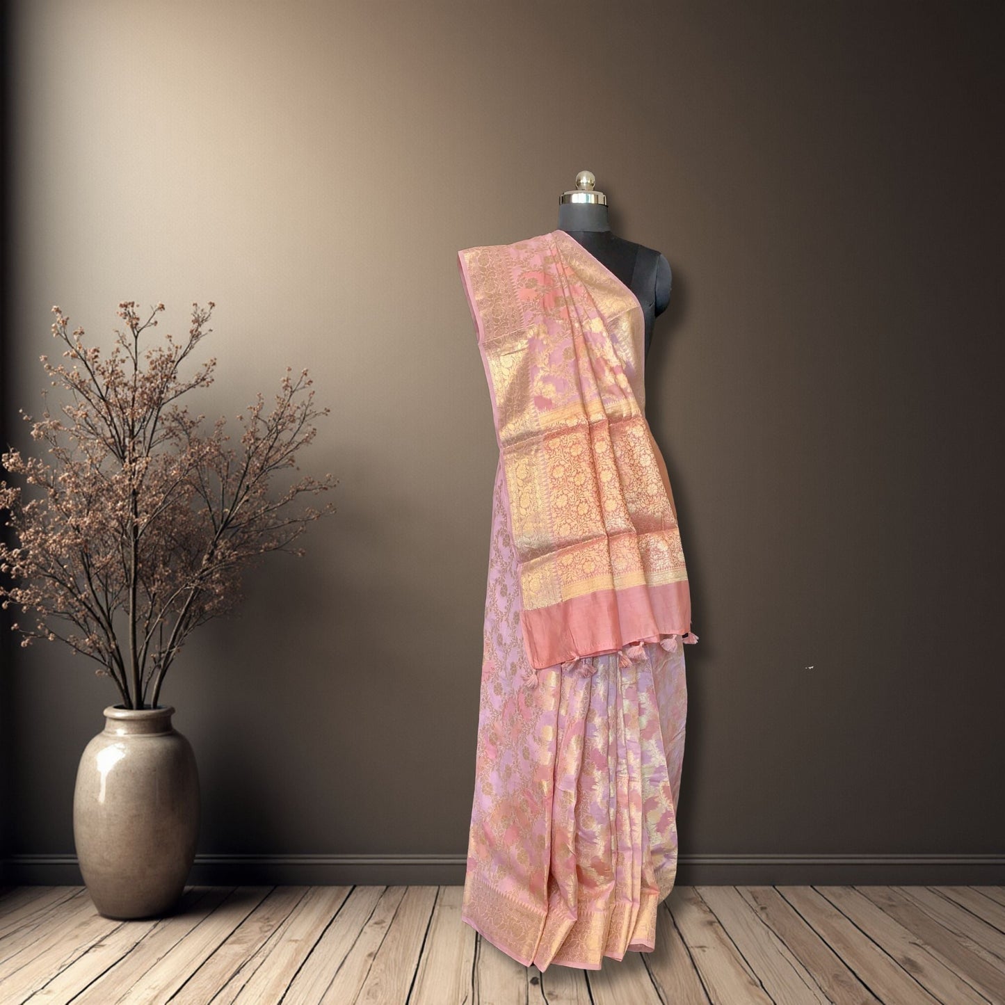 Peach Cotton Chanderi Rangkat Banarasi Saree -Handloom Sarees- Aananda Collections