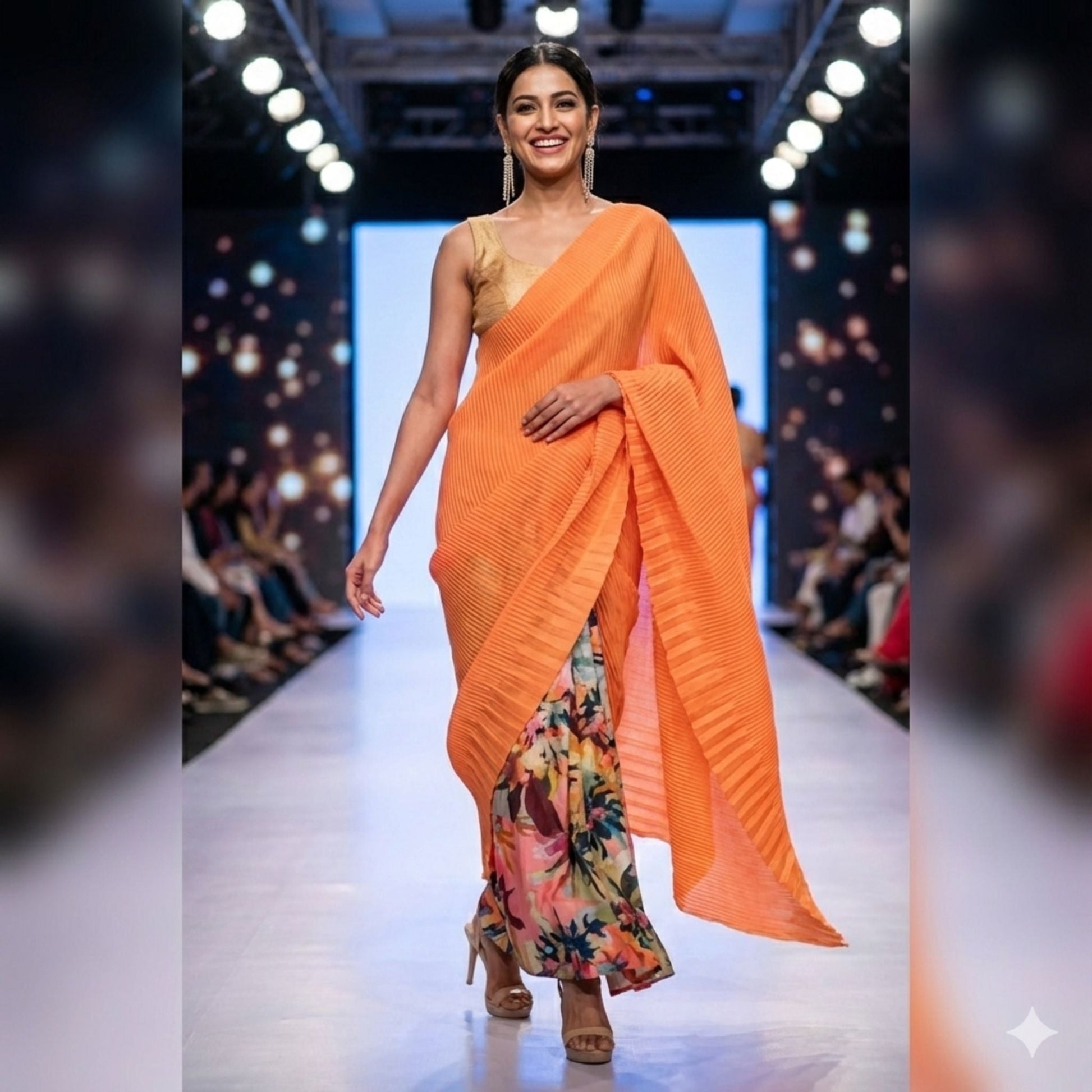 Peach Satin Accordion Pleated Designer Saree -Powerloom Sarees- Aananda Collections