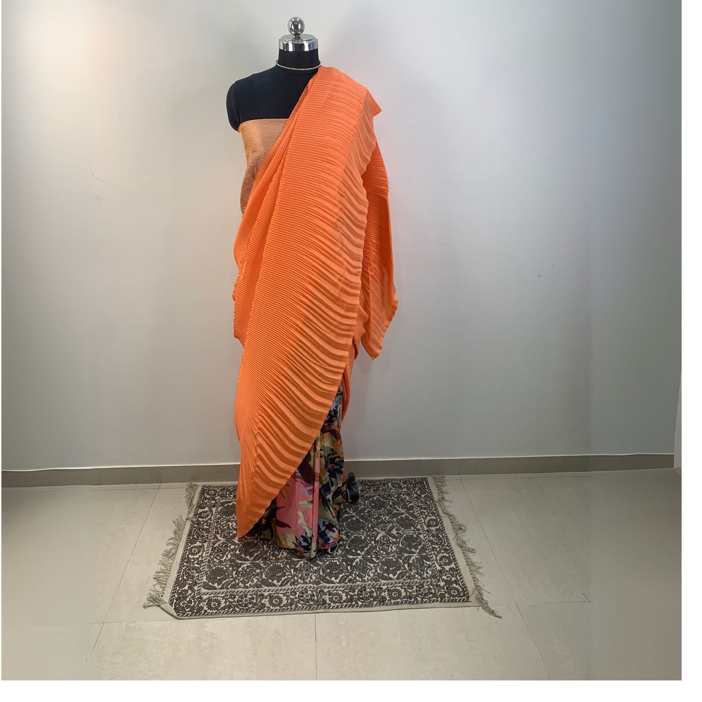 Peach Satin Accordion Pleated Designer Saree -Powerloom Sarees- Aananda Collections