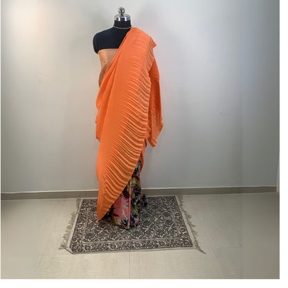 Peach Satin Accordion Pleated Designer Saree -Powerloom Sarees- Aananda Collections