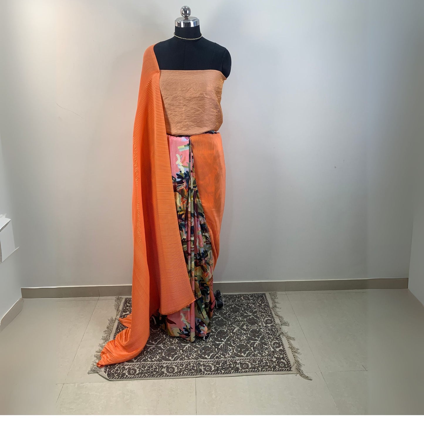 Peach Satin Accordion Pleated Designer Saree -Powerloom Sarees- Aananda Collections