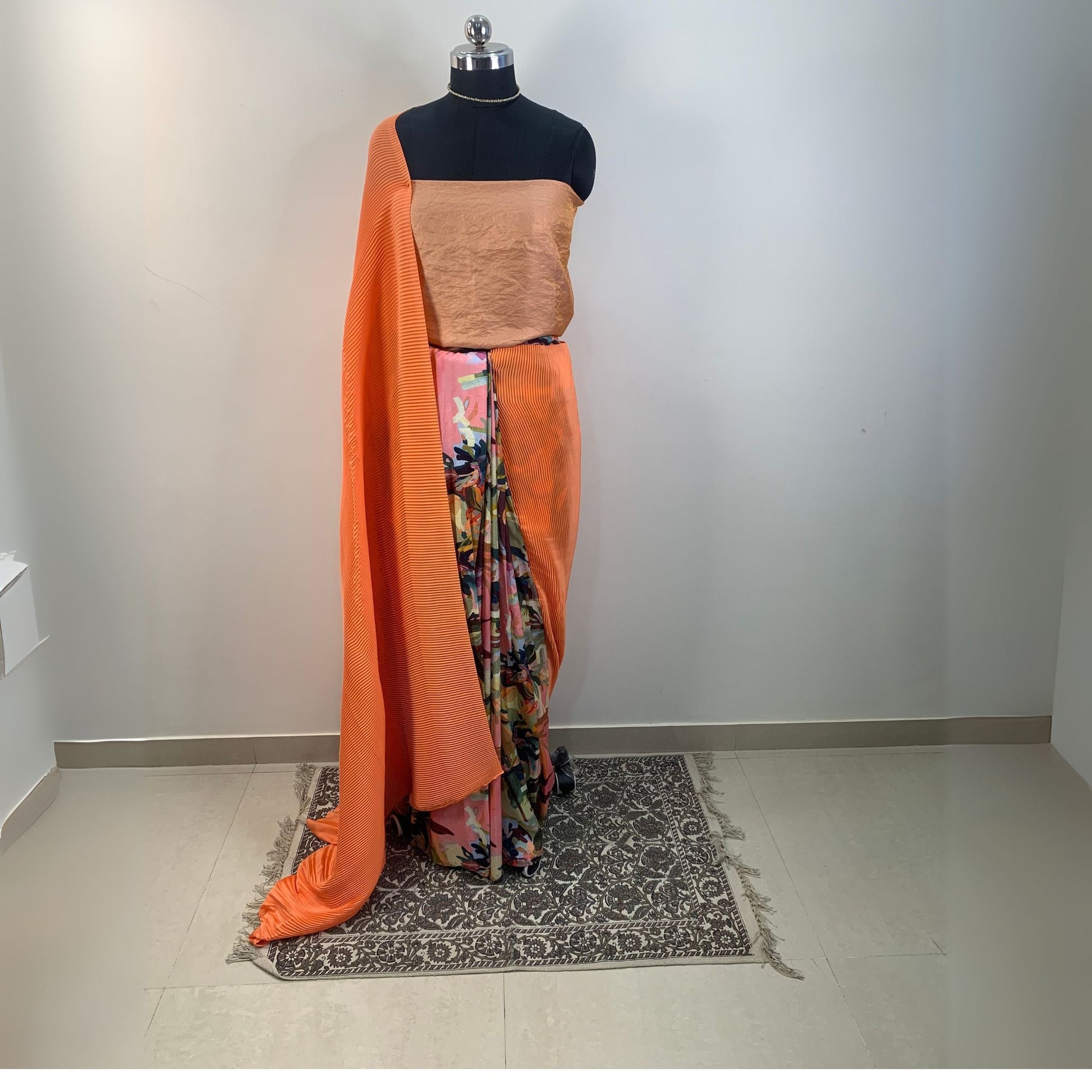 Peach Satin Accordion Pleated Designer Saree -Powerloom Sarees- Aananda Collections