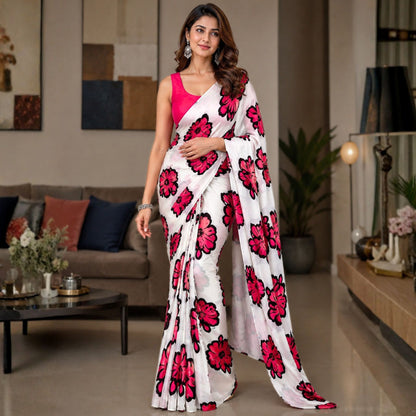 Pink and White Crepe Silk -Powerloom Sarees- Aananda Collections