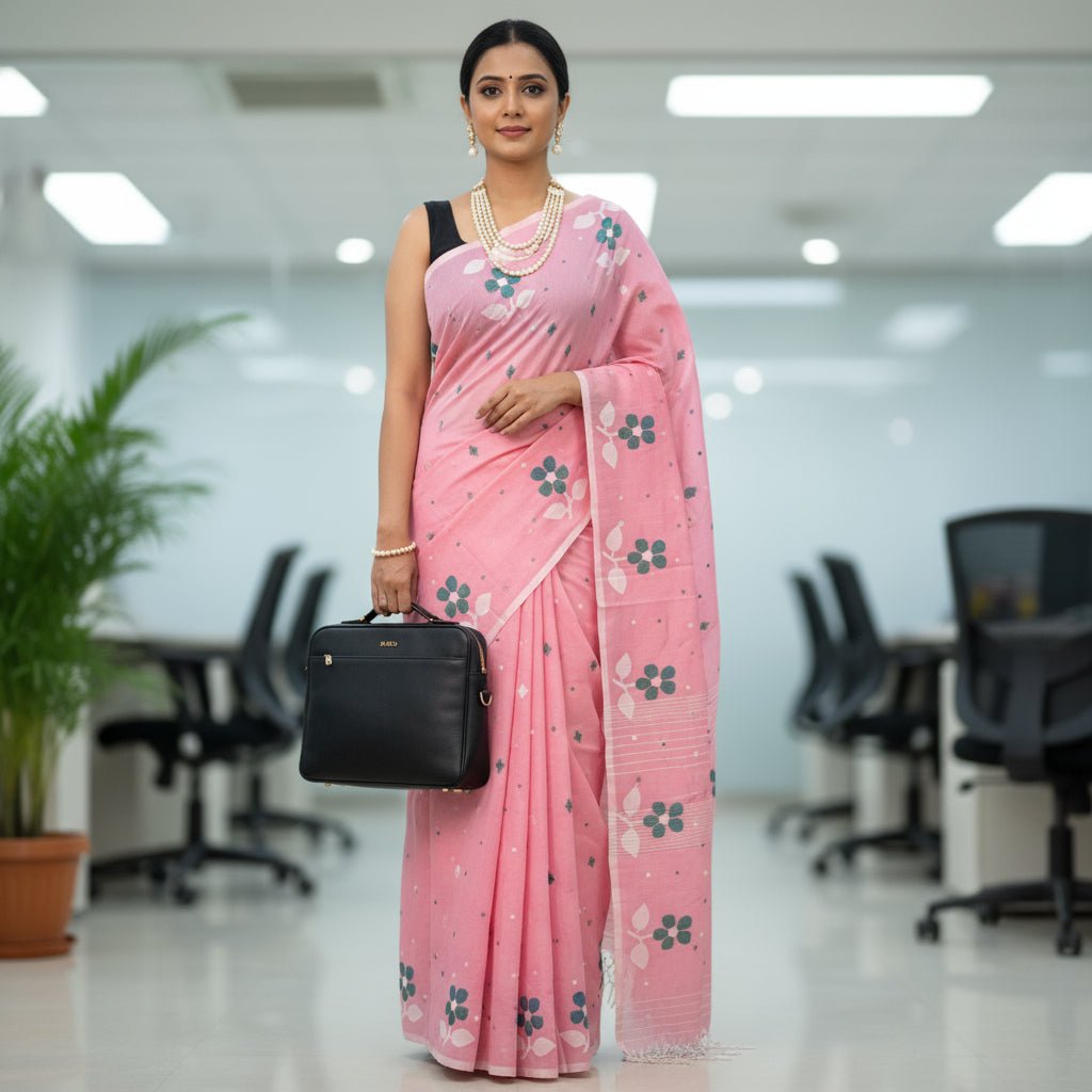 Pink Cotton Dhakai Jamdani Saree -Handloom Sarees- Aananda Collections