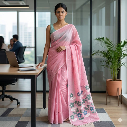 Pink Cotton Dhakai Jamdani Saree -Handloom Sarees- Aananda Collections