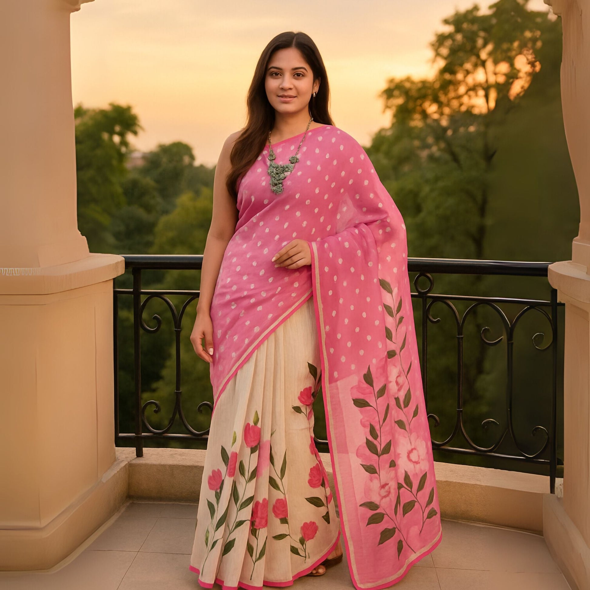 Pink & White Hand Painted Soft Dhakai Jamdani -Powerloom Sarees- Aananda Collections