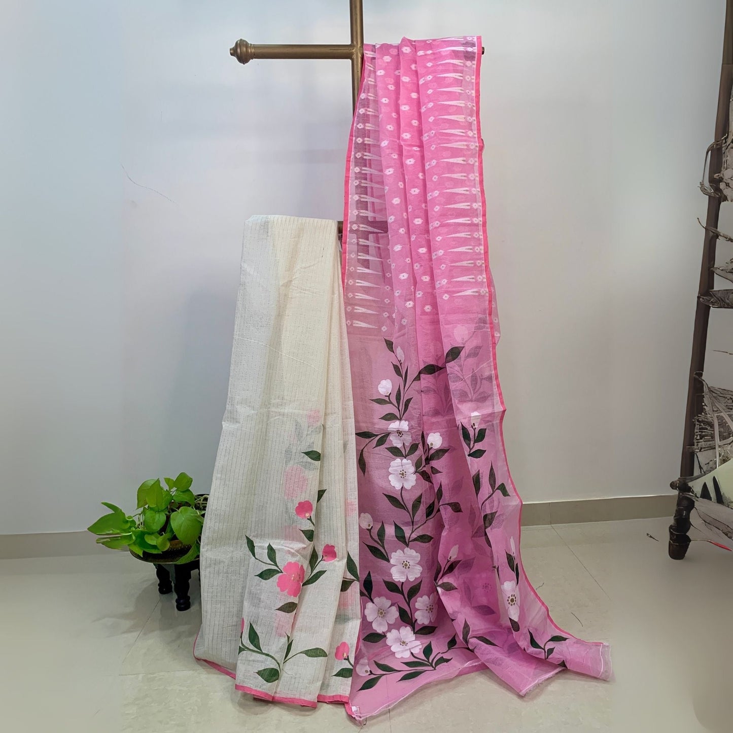 Pink & White Hand Painted Soft Dhakai Jamdani -Powerloom Sarees- Aananda Collections