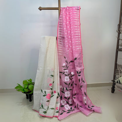Pink & White Hand Painted Soft Dhakai Jamdani -Powerloom Sarees- Aananda Collections