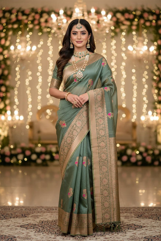 Pista Green - Pink Tussar Banarasi Saree -Handloom Sarees- Aananda Collections