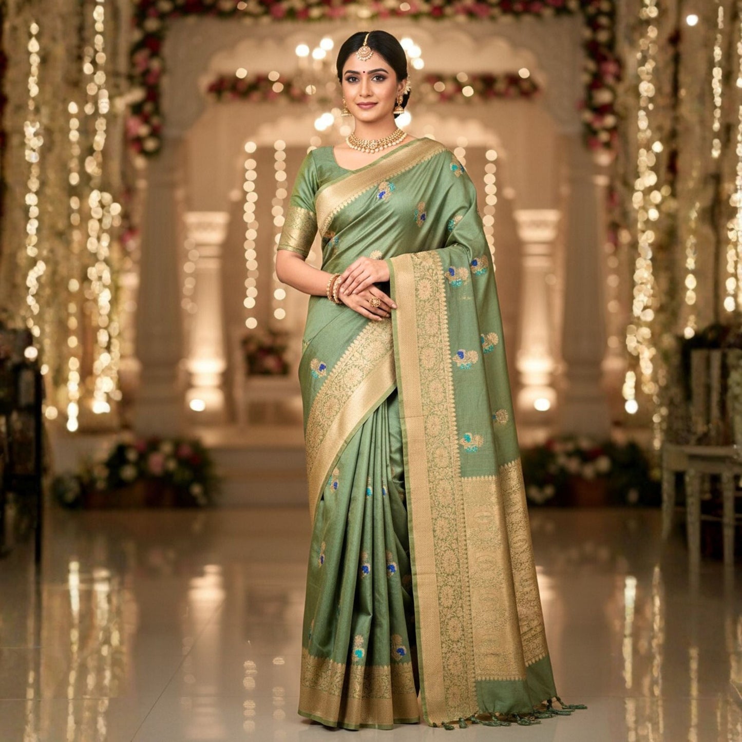 Pista Green Tussar Benarasi Saree -Handloom Sarees- Aananda Collections